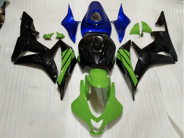 Gloss Black & Green and Blue Accents 2007-2008 Honda CBR600RR Motorcycle Fairings Gloss Black & Green and Blue Accents 2007-2008 Honda CBR600RR Motorcycle Fairings