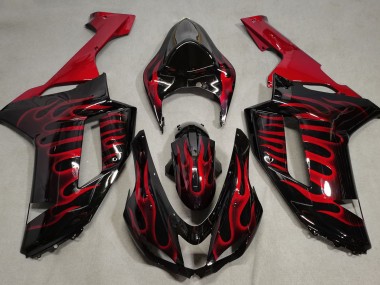 Gloss Black & Red Flame 2007-2008 Kawasaki ZX6R Motorcycle Fairings