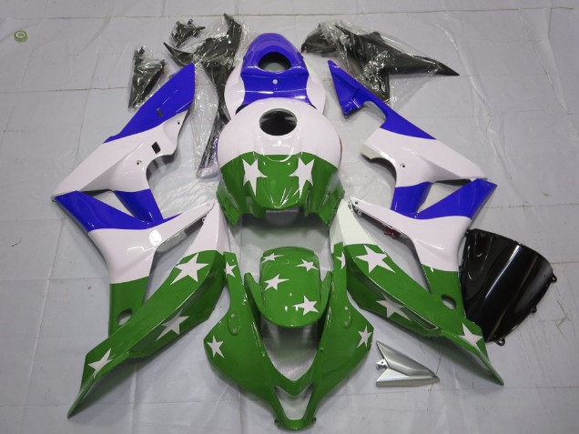Green and Blue Stars and Stripes 2007-2008 Honda CBR600RR Motorcycle Fairings Green and Blue Stars and Stripes 2007-2008 Honda CBR600RR Motorcycle Fairings